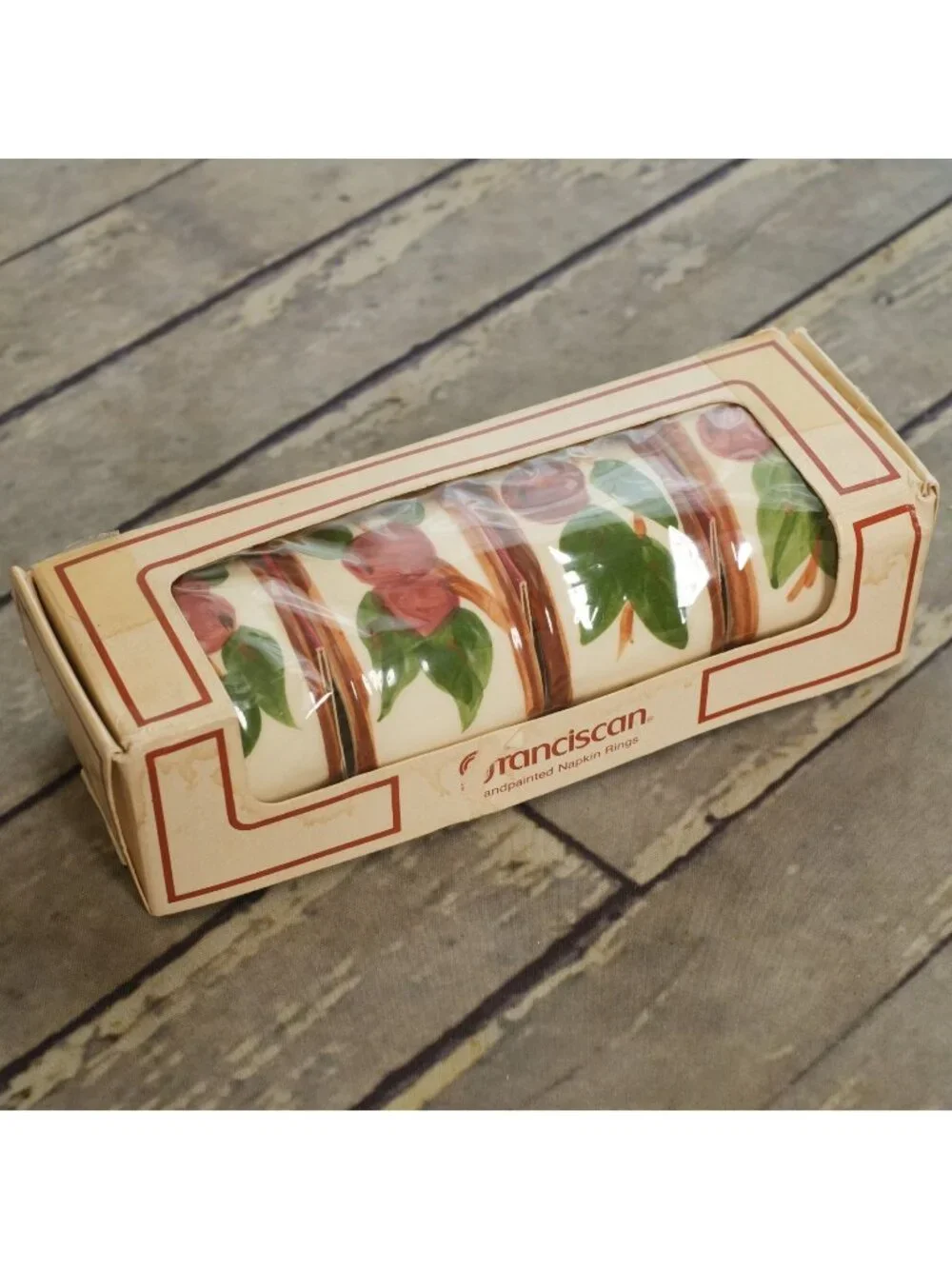 FRANCISCAN WARE Stoneware Hand Painted Apples Leaves Napkin Rings-Set 4 NOS